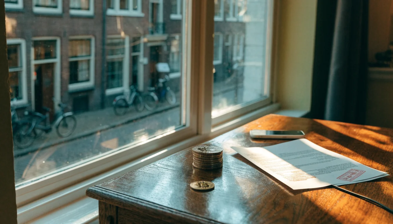 Nederlandse tafel met Bitcoin Cash-munten en Ksa-vergunning naast een smartphone