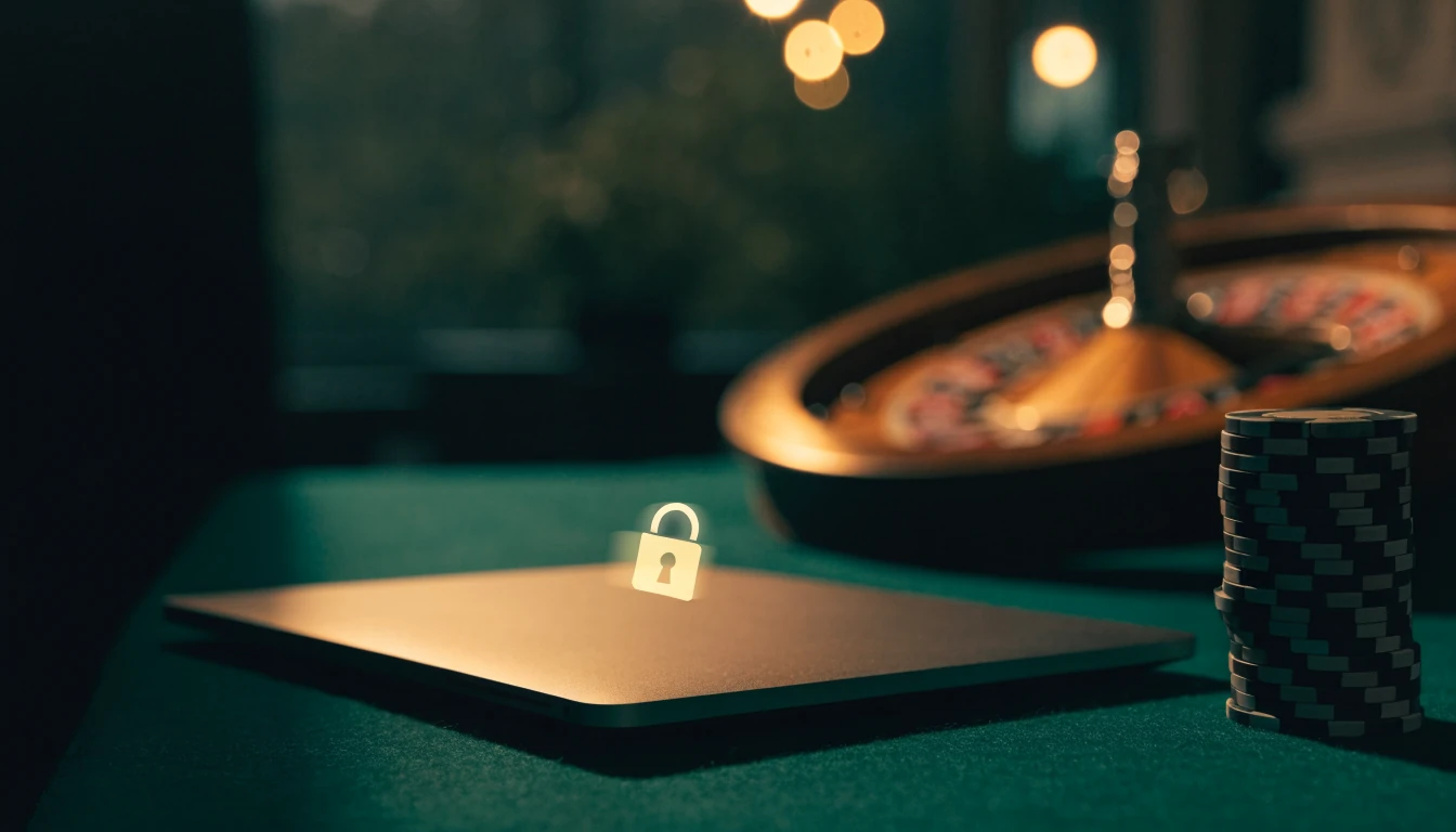 Gesloten laptop met casinofiches en roulettewiel, verlicht door warm goudgroen licht