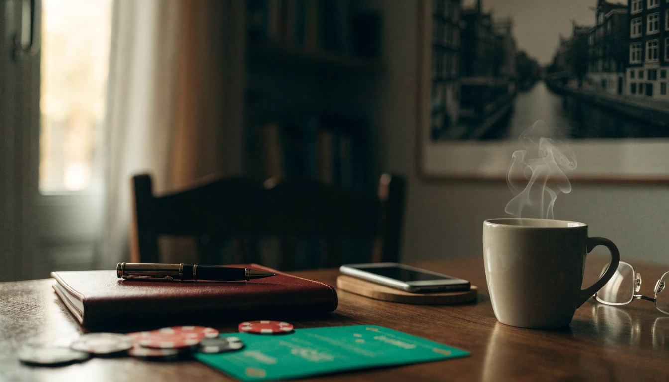 Casinospullen op een bureau met verborgen telefoon in een Nederlands interieur