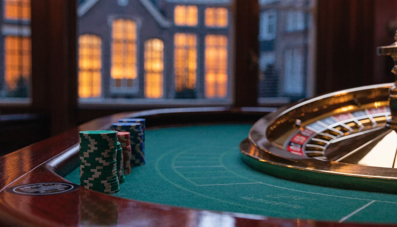 Elegante casinotafel met chips en roulette, Nederlands grachtenpand op de achtergrond