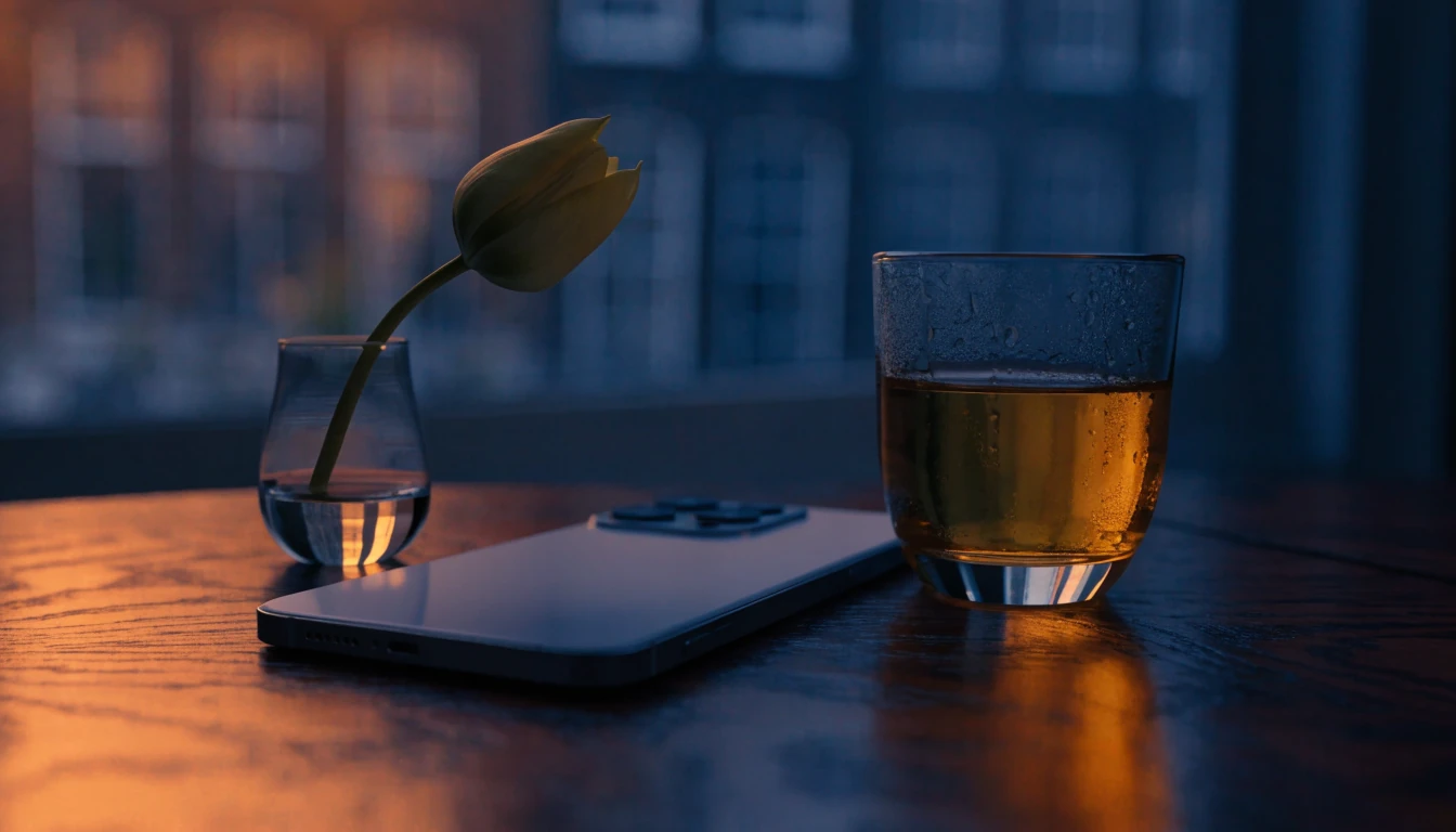 Smartphone op tafel met Nederlands koffieglas en tulpvaasje bij een grachtenraam, sfeervol avondlicht.