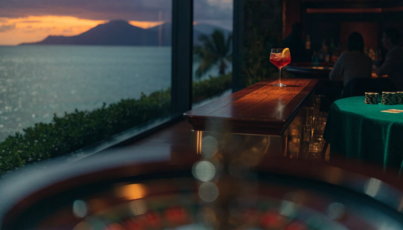 Luxe casino-interieur met roulette en uitzicht op Caribisch Curaçao bij zonsondergang