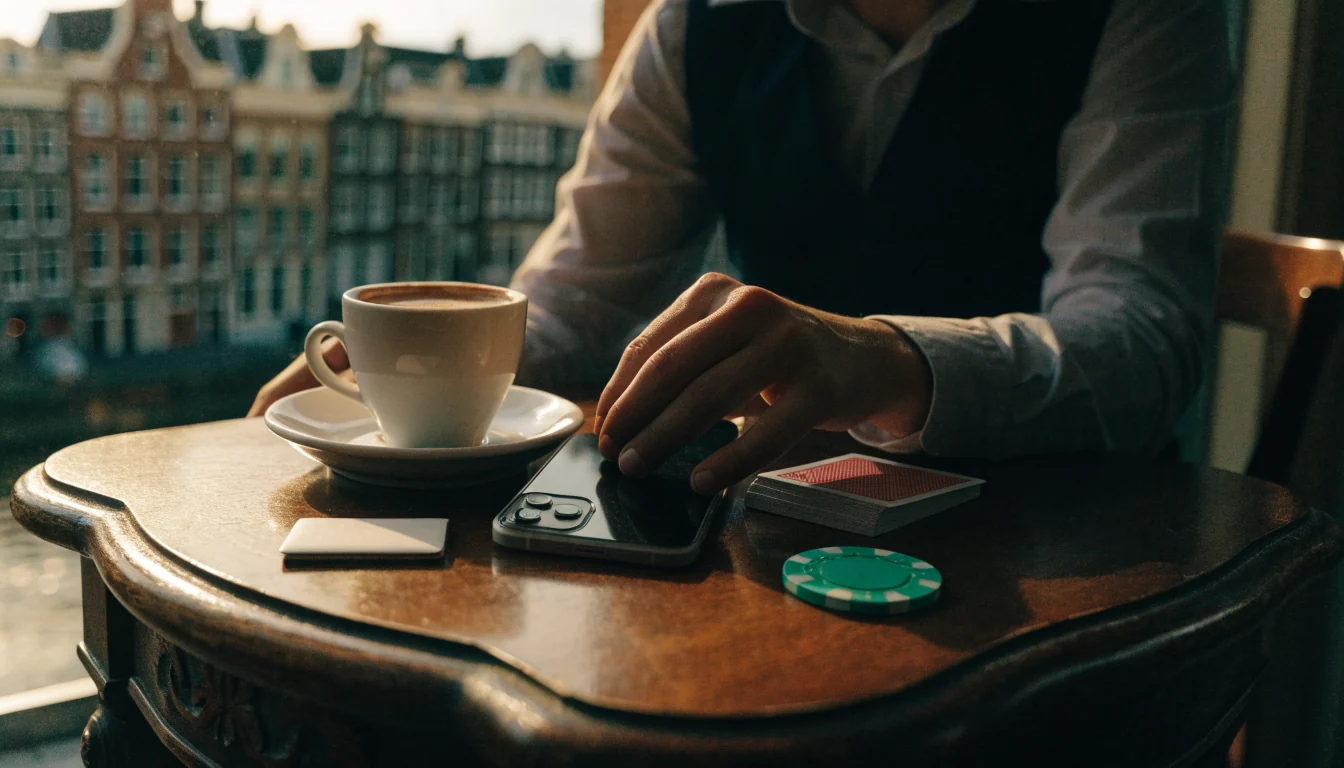 Nederlander in café met telefoon en casinofiches