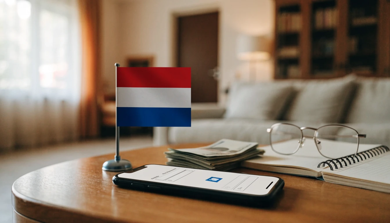 Smartphone met bankapp op een Nederlandse salontafel met eurobiljetten