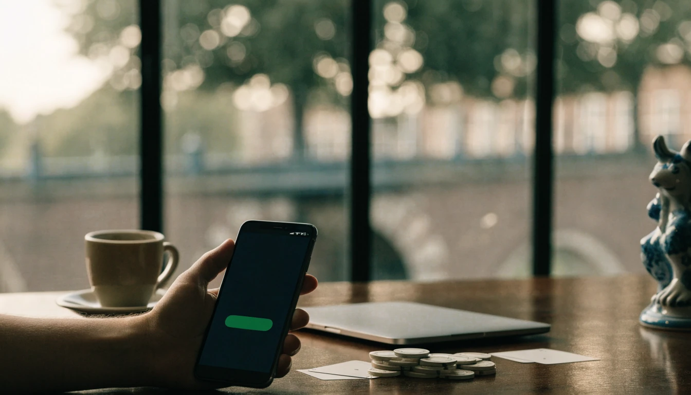 Hand met smartphone en casinofiches op een bureau, Nederlandse sfeer