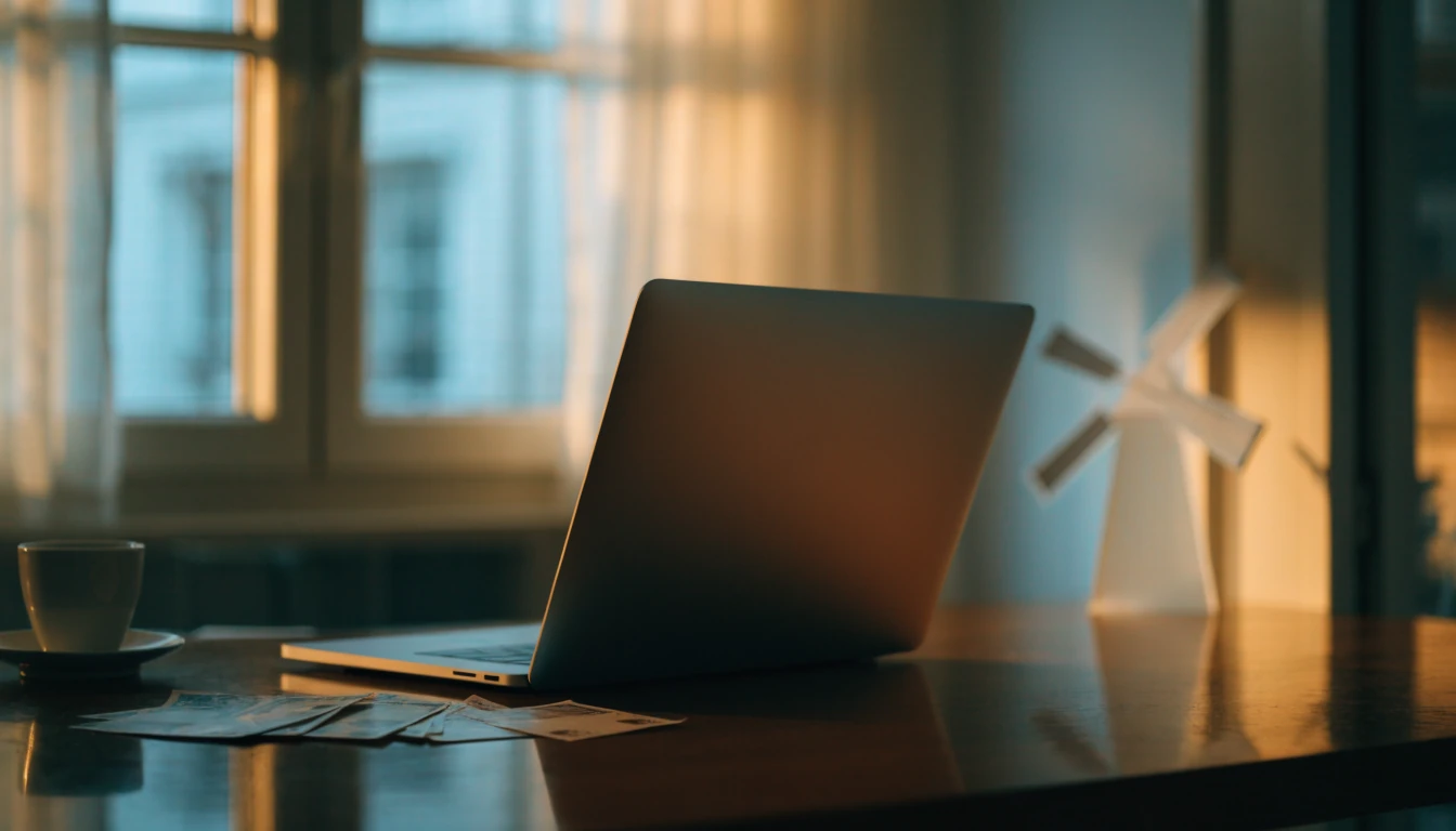 Moderne laptop op bureau met Euro's en Nederlands decor