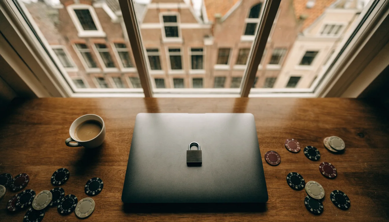 Gesloten laptop met hangslot en casinofiches op een Nederlands bureau bij het raam